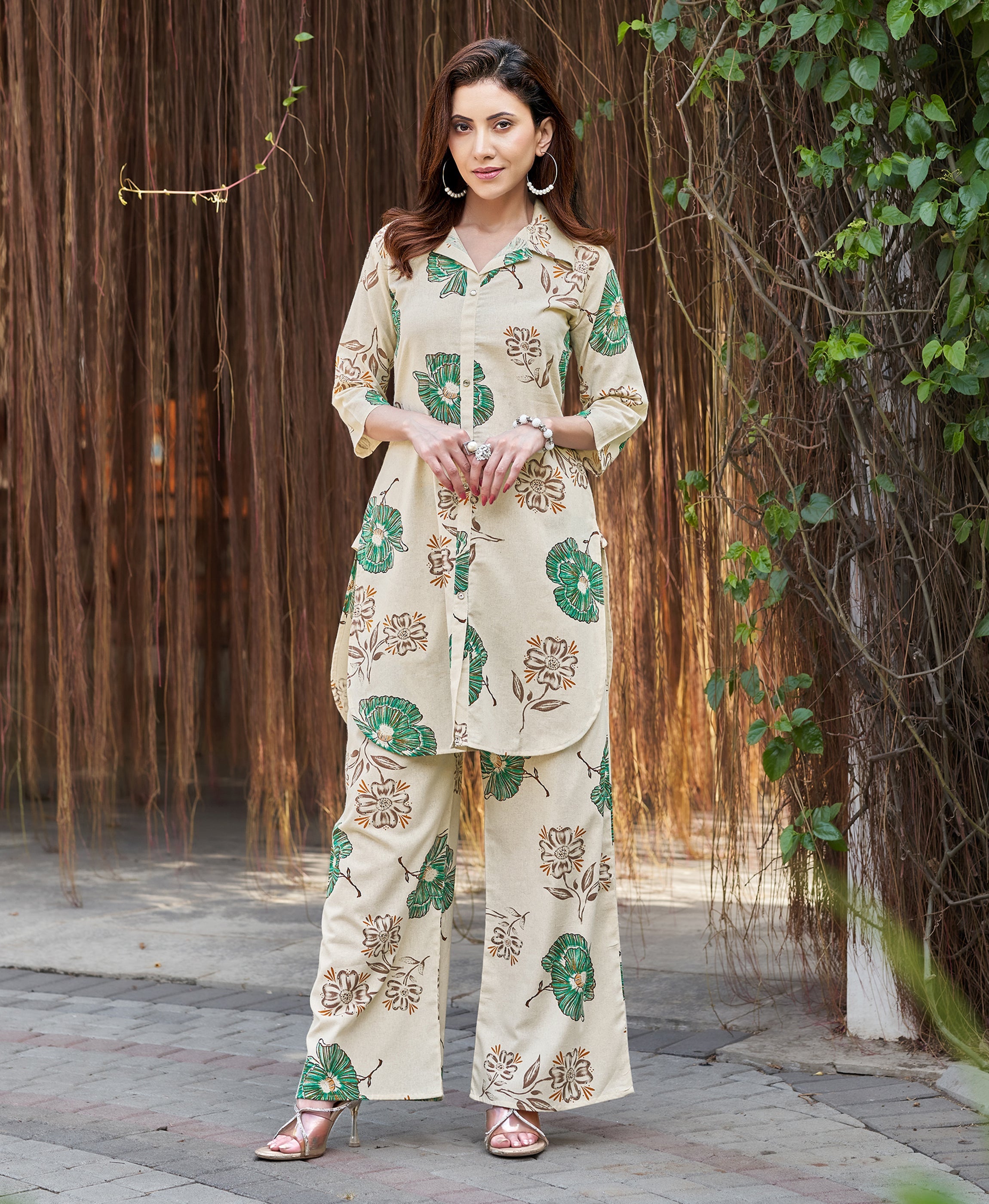 Green Cotton Blend Floral Printed Co-ord Set